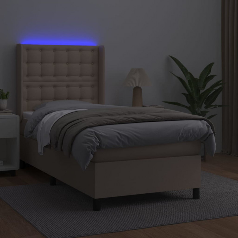 Łóżko kontynentalne, materac i LED cappuccino ekoskóra 90x200cm