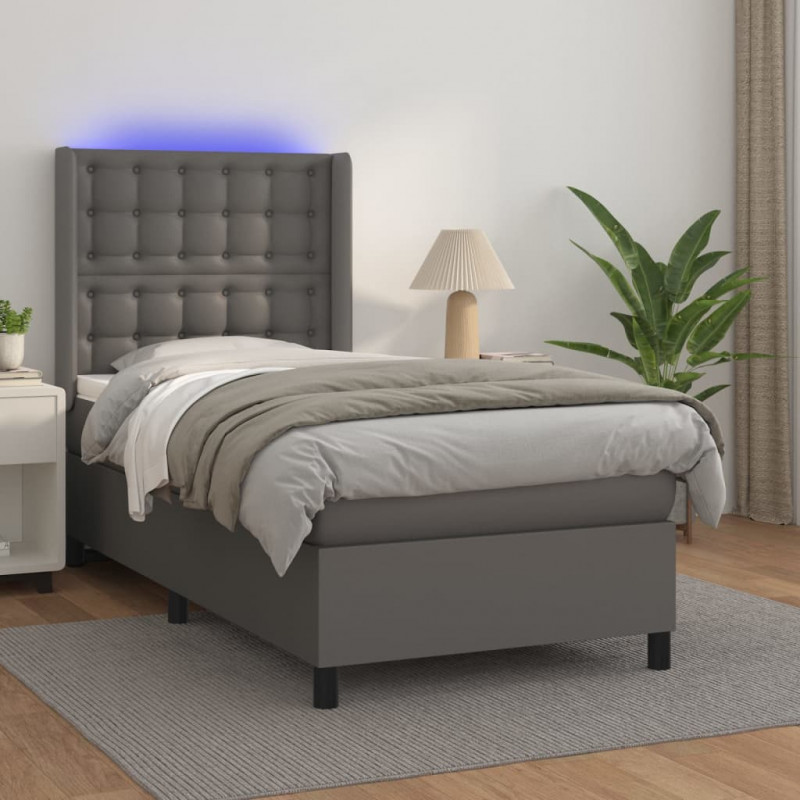 Łóżko kontynentalne z materacem i LED, szara ekoskóra 80x200 cm