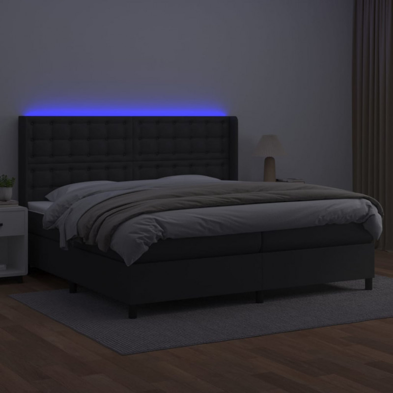 Łóżko kontynentalne z materacem i LED czarna ekoskóra 200x200cm