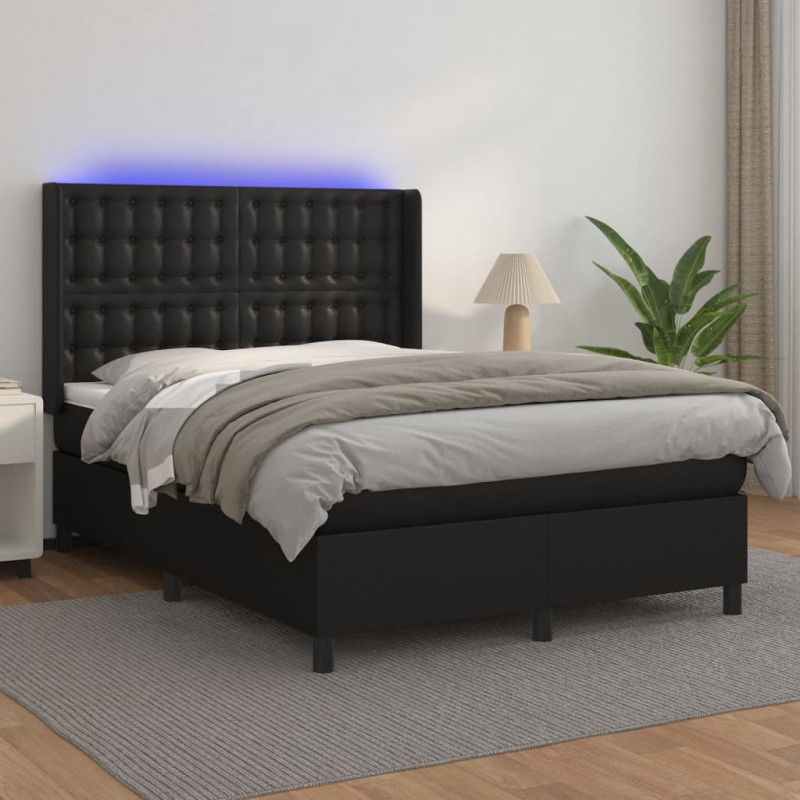 Łóżko kontynentalne z materacem i LED czarna ekoskóra 140x200cm