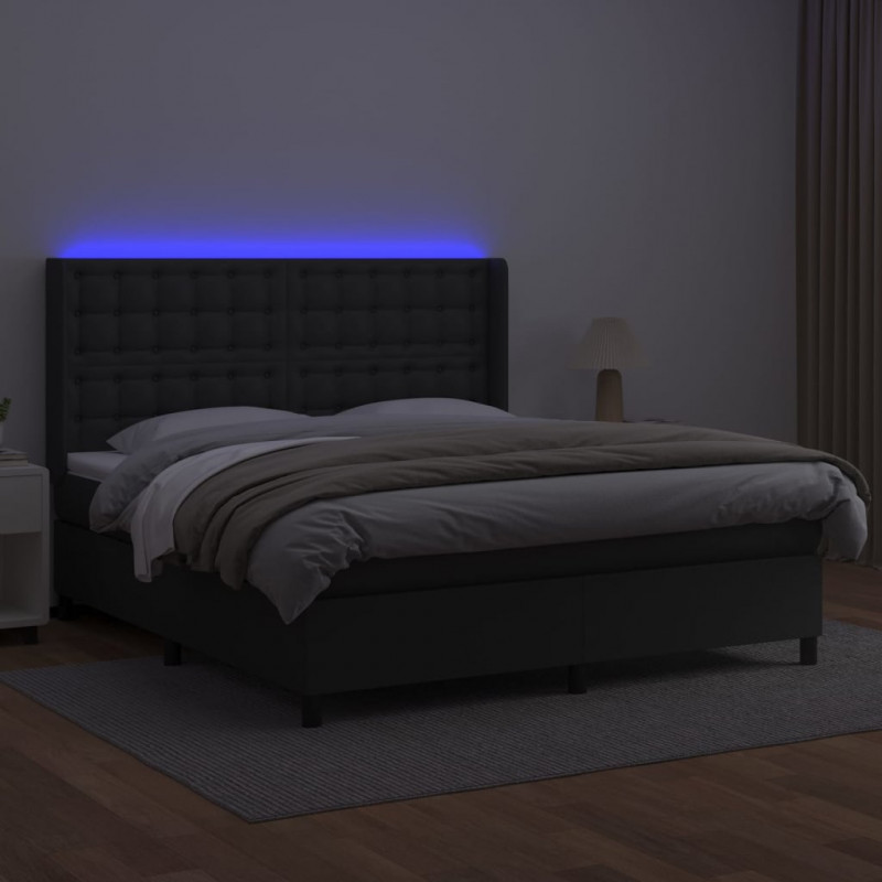 Łóżko kontynentalne z materacem i LED czarna ekoskóra 160x200cm