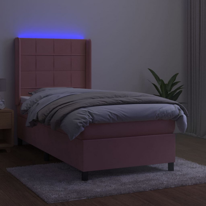 Łóżko kontynentalne z materacem i LED, różowy aksamit 90x200 cm
