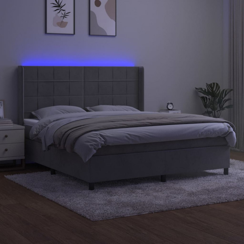 Łóżko kontynentalne z materacem i LED, szare 160x200cm, aksamit