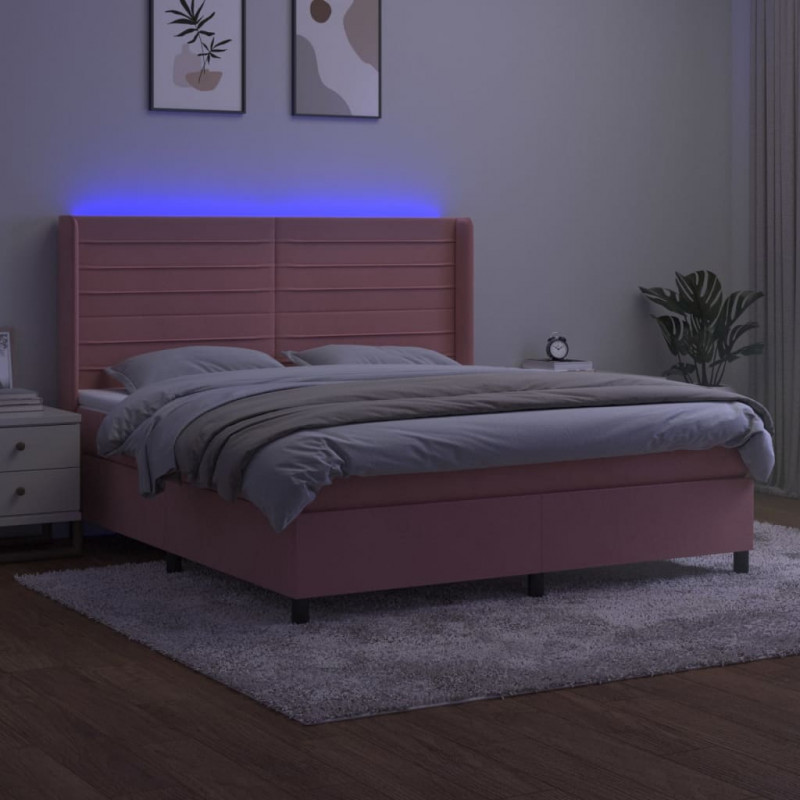 Łóżko kontynentalne z materacem i LED, różowy aksamit 180x200cm