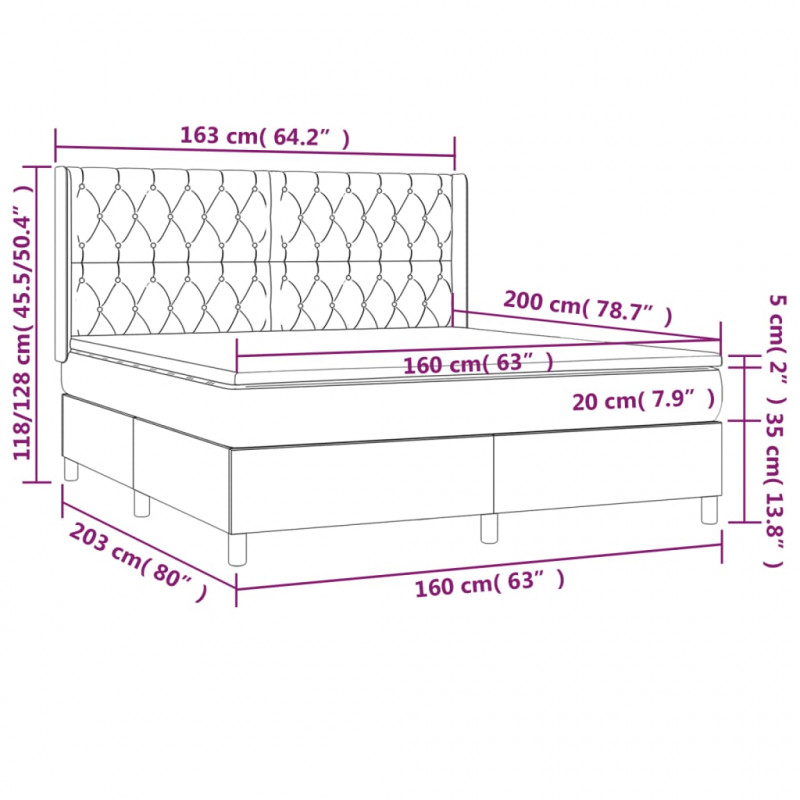 Łóżko kontynentalne z materacem i LED, szare 160x200cm, aksamit