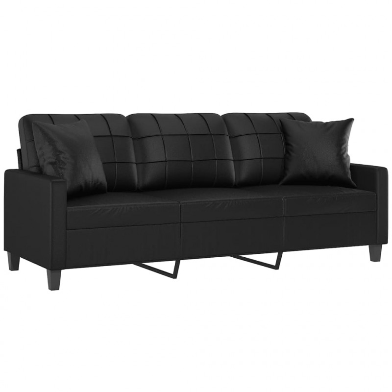 3-osobowa sofa z poduszkami, czarna, 180 cm, sztuczna skóra