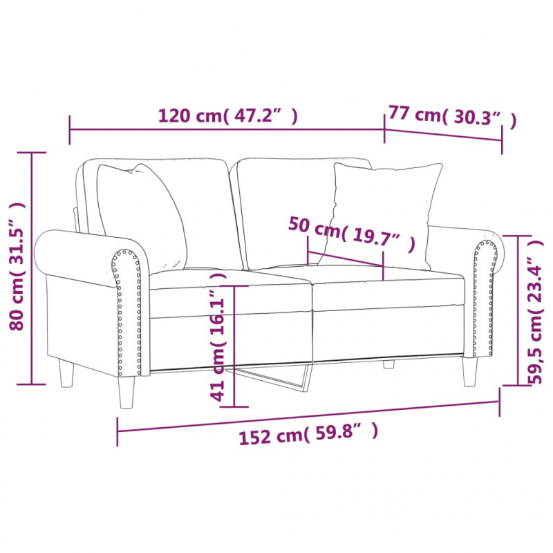 2-osobowa sofa z poduszkami, różowa, 120 cm, aksamit