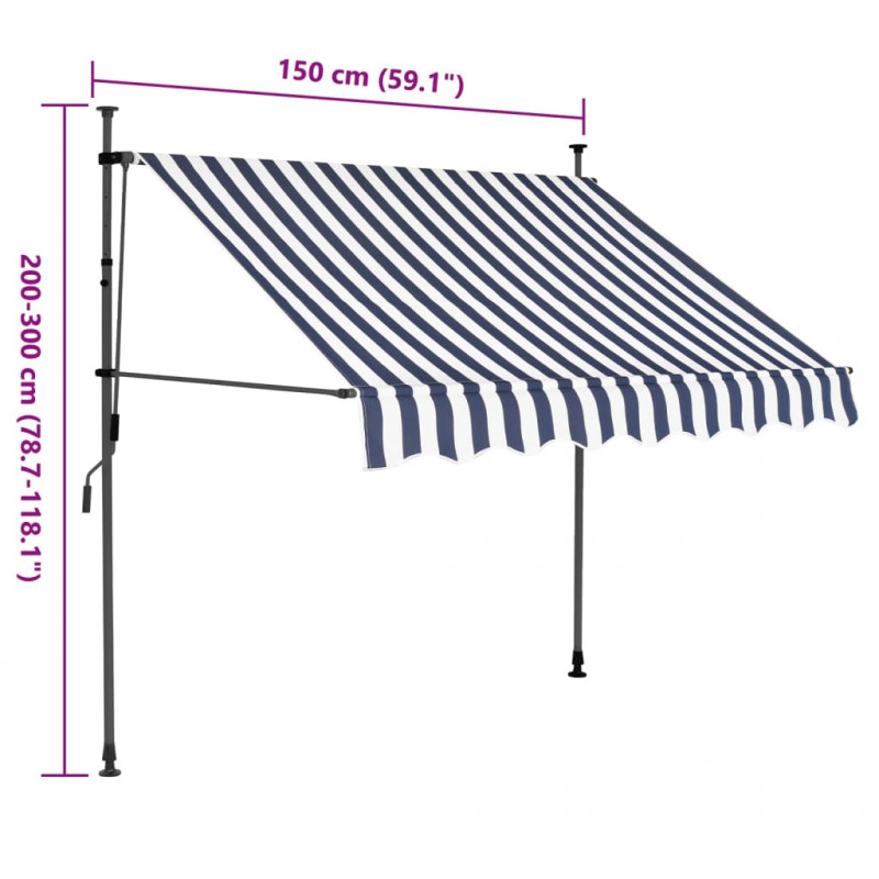 Ręcznie zwijana markiza z LED, 150 cm, niebiesko-biała