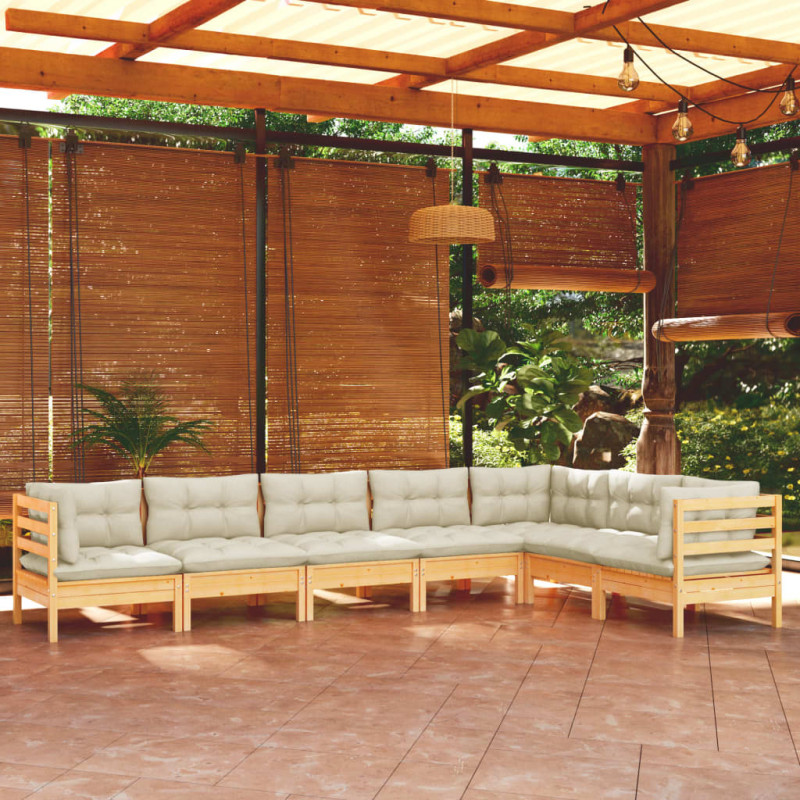 7-cz. zestaw wypoczynkowy do ogrodu, kremowe poduszki, sosnowy