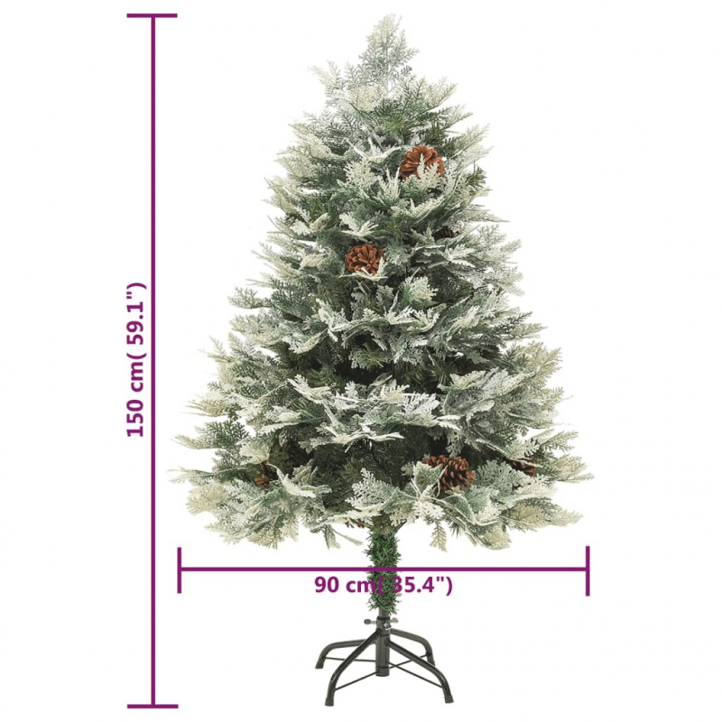 Sztuczna choinka z lampkami i szyszkami, zielona 150 cm, PVC/PE