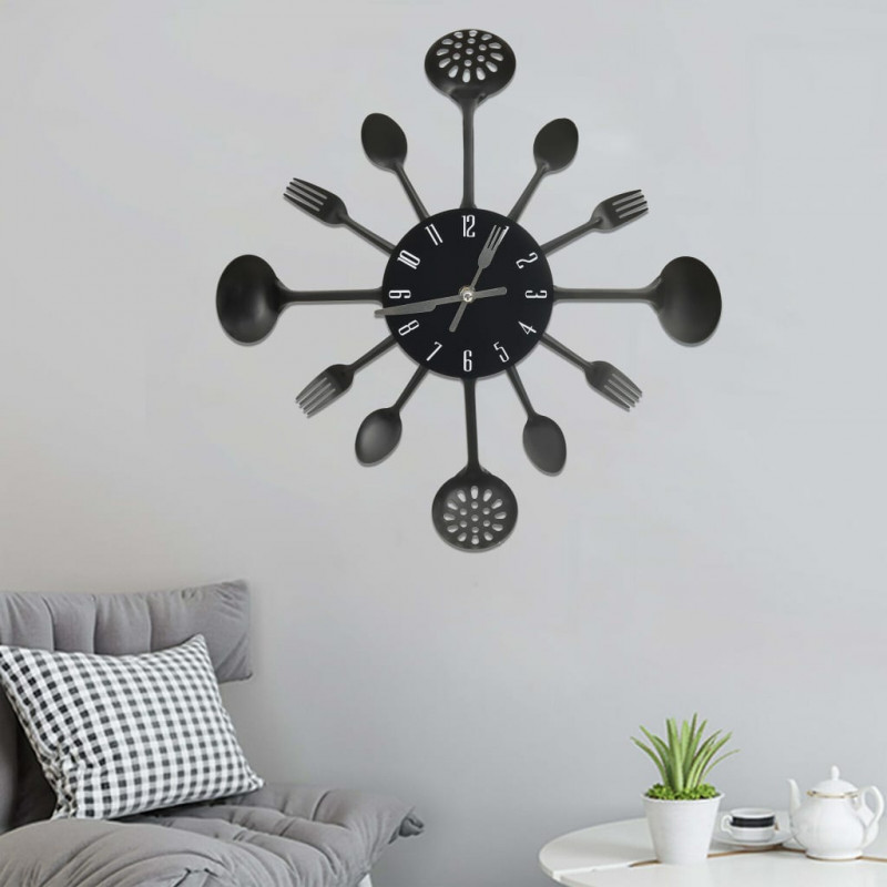 Zegar ścienny z łyżek i widelców, czarny, 40 cm, aluminium