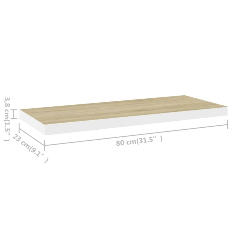 Półki ścienne, 4 szt., dębowo-białe, 80x23,5x3,8 cm, MDF