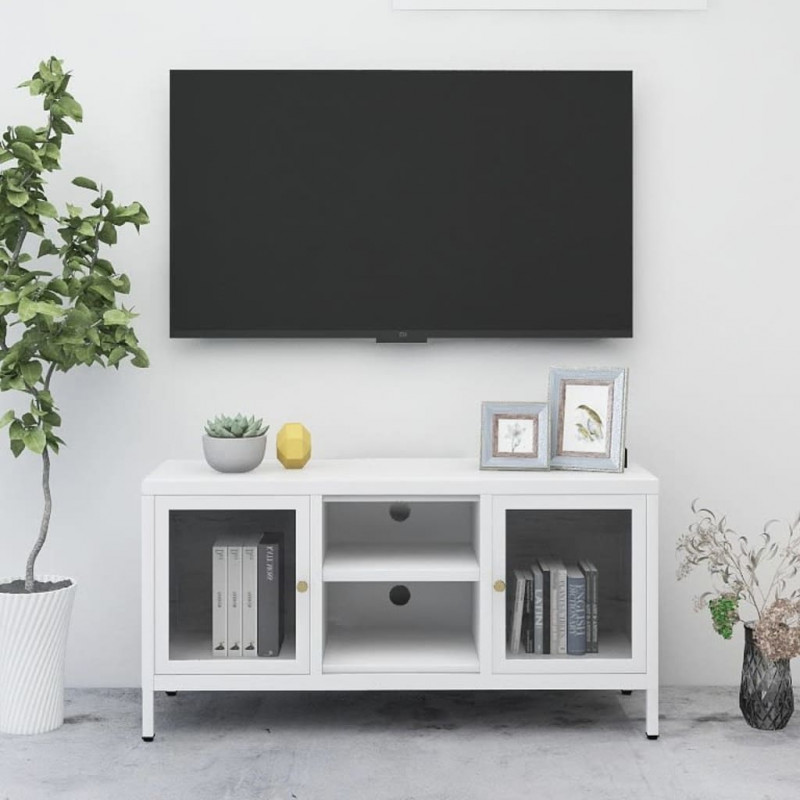 Szafka pod telewizor, biała, 105x35x52 cm, stal i szkło