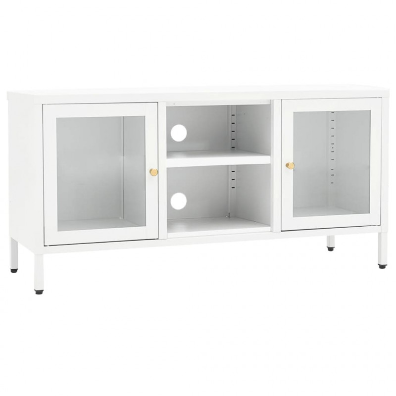 Szafka pod telewizor, biała, 105x35x52 cm, stal i szkło