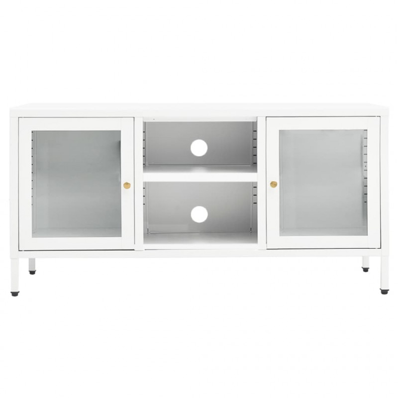 Szafka pod telewizor, biała, 105x35x52 cm, stal i szkło
