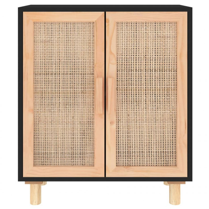 Komoda, czarna, 60x30x70 cm, lita sosna i naturalny rattan