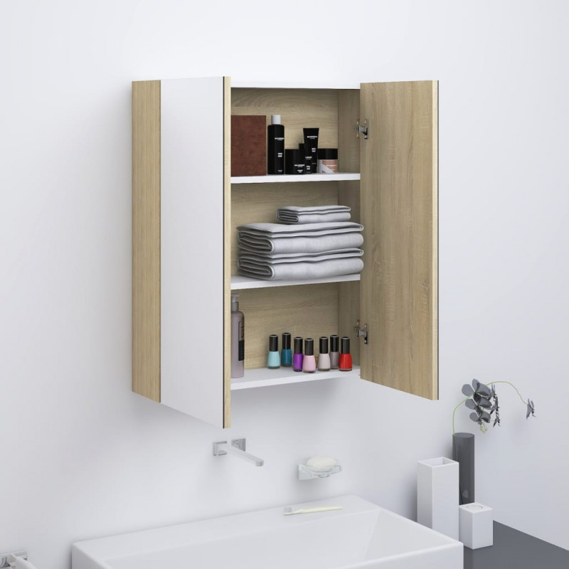 Szafka łazienkowa z lustrem, 60x15x75 cm, MDF, biel i dąb
