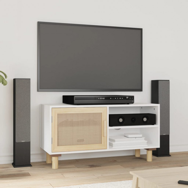 Stolik pod TV, biały, 80x30x40 cm, drewno sosnowe i rattan