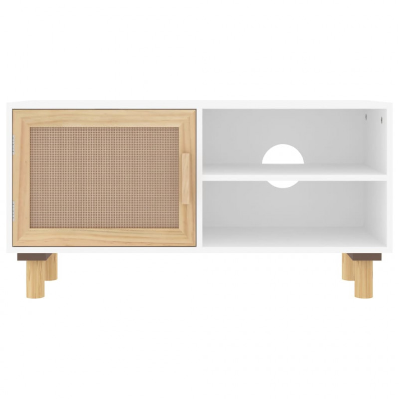 Stolik pod TV, biały, 80x30x40 cm, drewno sosnowe i rattan