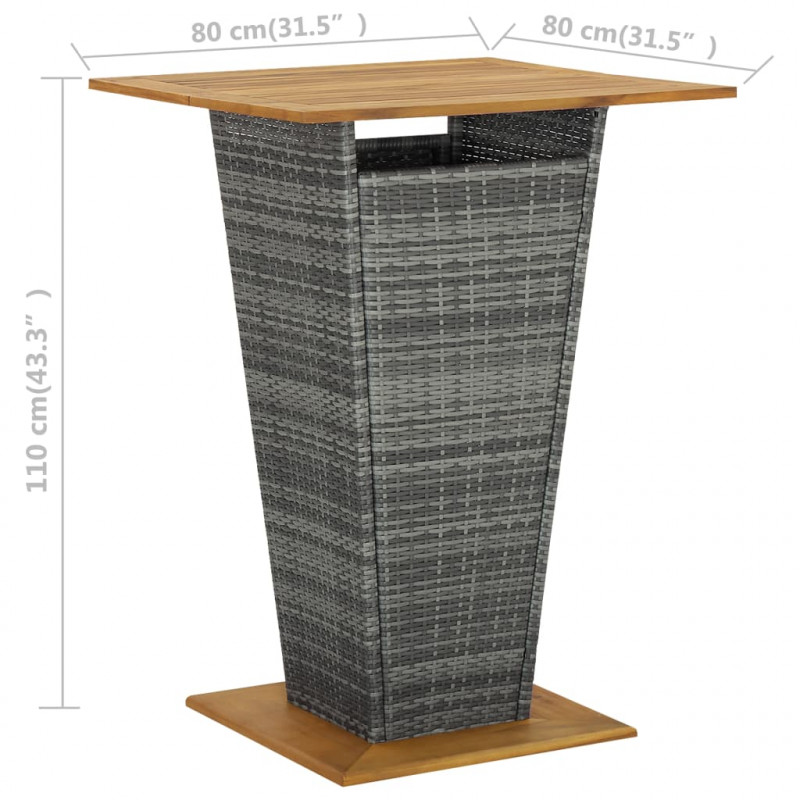 Stolik barowy, szary, 80x80x110 cm, rattan PE i lita akacja