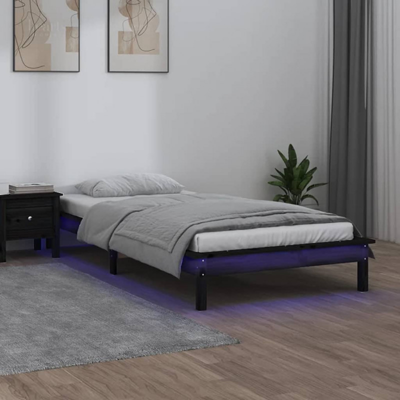 Rama łóżka z LED, czarna, 90x190 cm, pojedyncza, lite drewno