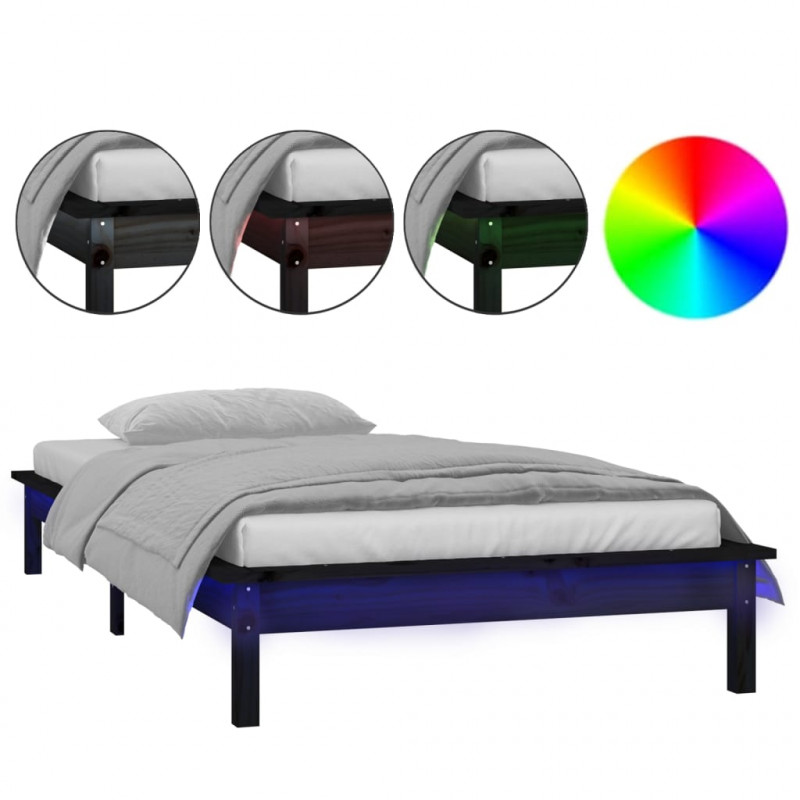 Rama łóżka z LED, czarna, 90x190 cm, pojedyncza, lite drewno