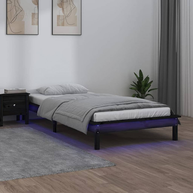 Rama łóżka z LED, czarna, 100x200 cm, lite drewno