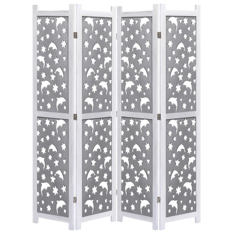 Parawan 4-panelowy, szary, 140 x 165 cm, lite drewno
