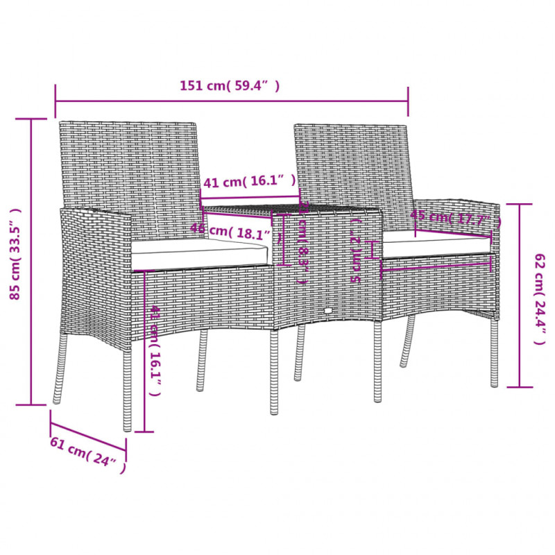 2-osobowa sofa ogrodowa ze stolikiem, rattan PE, brązowa