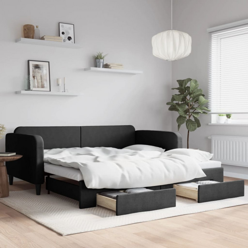 Sofa rozsuwana z szufladami, czarna, 100x200 cm, tkanina