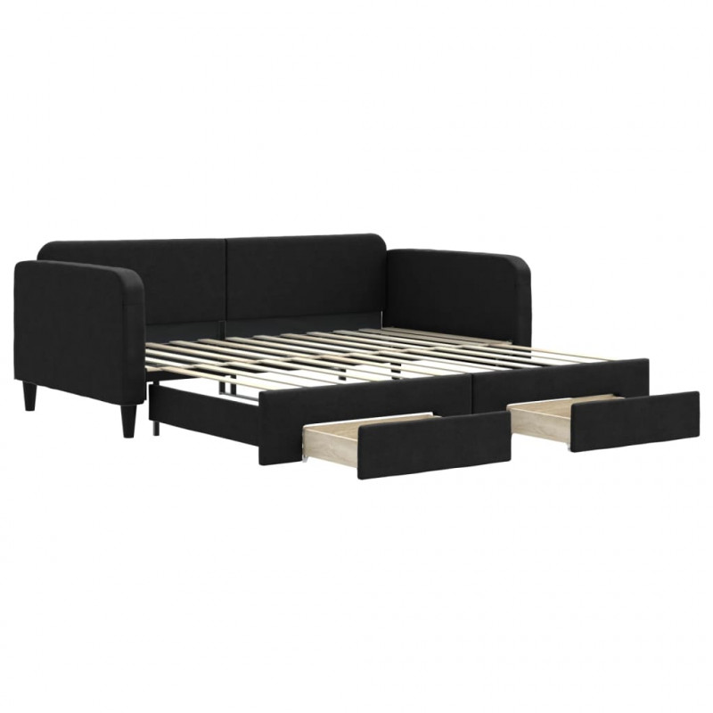 Sofa rozsuwana z szufladami, czarna, 100x200 cm, tkanina