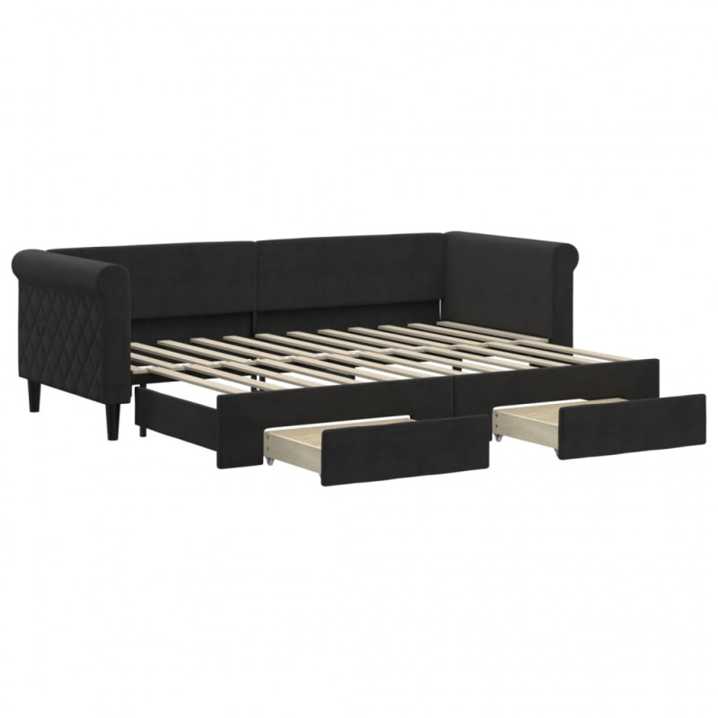 Sofa rozsuwana z szufladami, czarna, 80x200 cm, aksamit