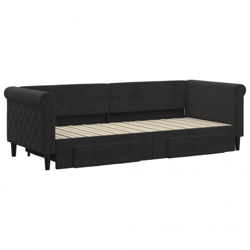 Sofa rozsuwana z szufladami, czarna, 80x200 cm, aksamit