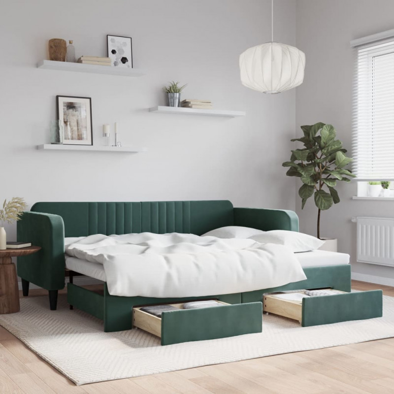 Sofa rozsuwana z szufladami, ciemnozielona, 90x200 cm, aksamit