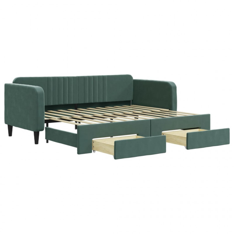 Sofa rozsuwana z szufladami, ciemnozielona, 90x200 cm, aksamit
