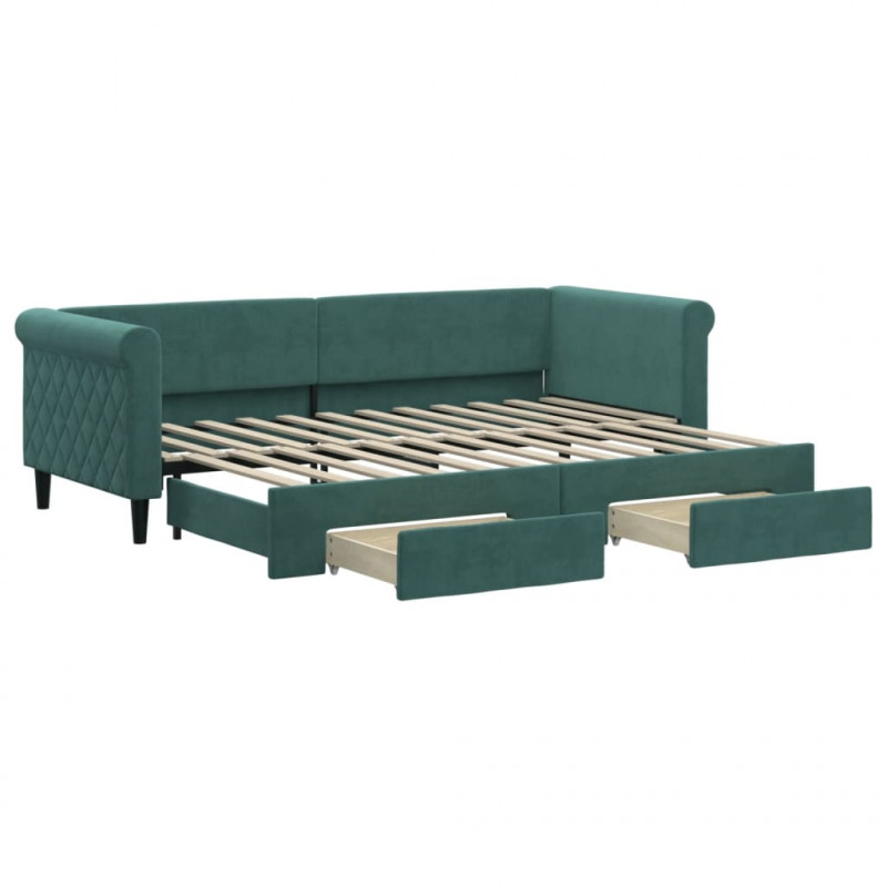 Sofa rozsuwana z szufladami, ciemnozielona, 80x200 cm, aksamit