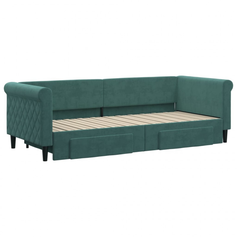 Sofa rozsuwana z szufladami, ciemnozielona, 80x200 cm, aksamit