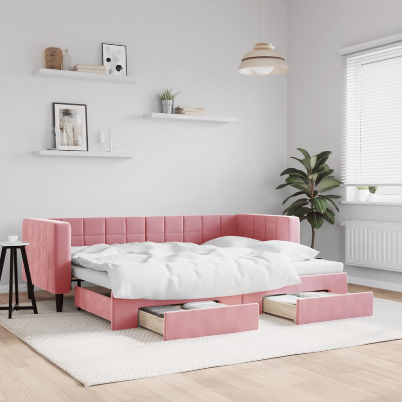 Sofa rozsuwana z szufladami, różowa, 80x200 cm, aksamit