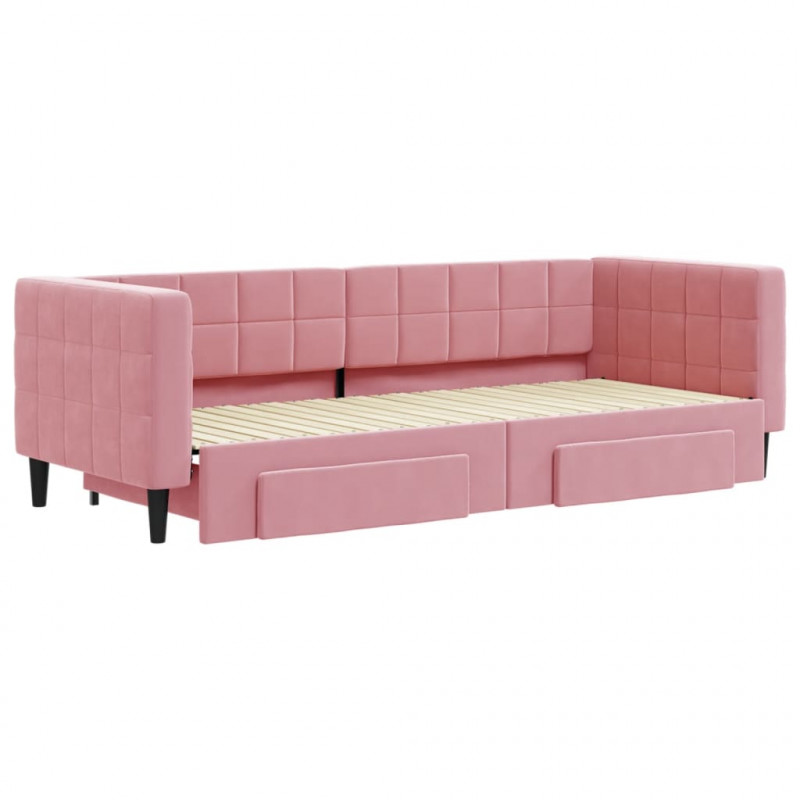 Sofa rozsuwana z szufladami, różowa, 80x200 cm, aksamit