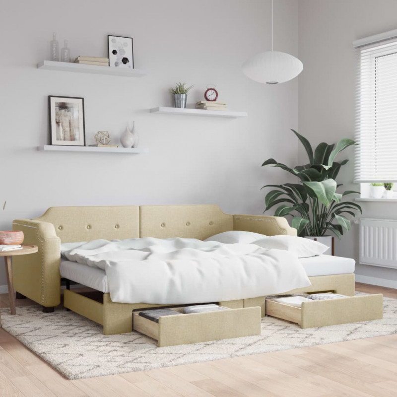 Sofa rozsuwana z szufladami, kremowa, 90x200 cm, tkanina