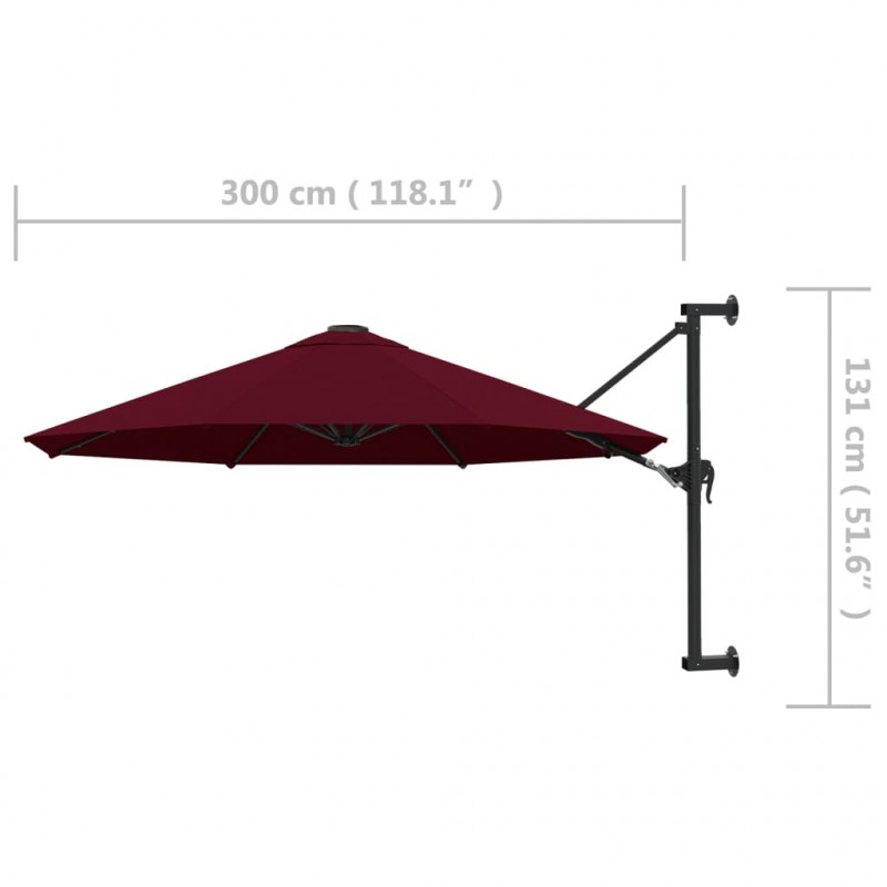 Parasol ścienny na metalowym słupku, 300 cm, burgund