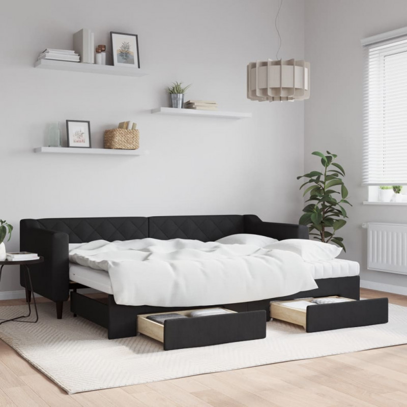 Sofa rozsuwana z szufladami, czarna, 80x200 cm, tkanina