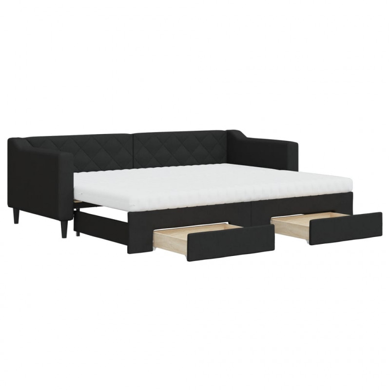 Sofa rozsuwana z szufladami, czarna, 80x200 cm, tkanina