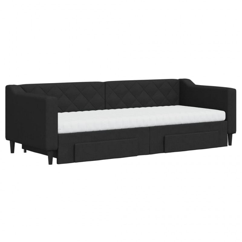 Sofa rozsuwana z szufladami, czarna, 80x200 cm, tkanina