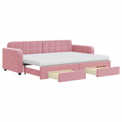 Sofa rozsuwana z szufladami, różowa, 80x200 cm, aksamit
