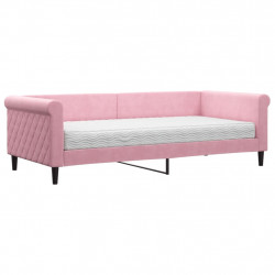 Sofa z materacem do spania, różowa, 90x200 cm, aksamit