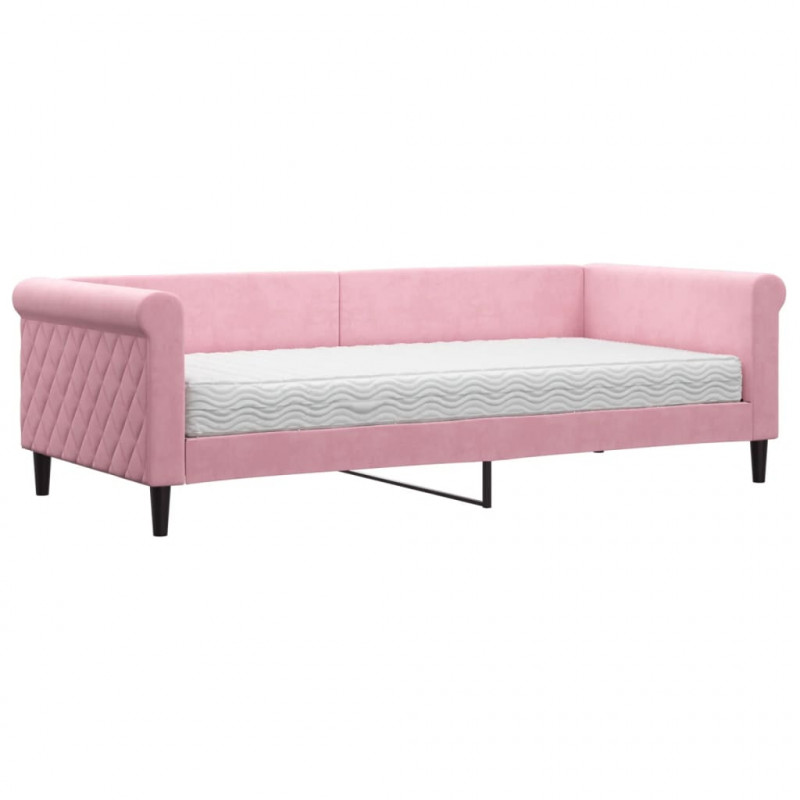 Sofa z materacem do spania, różowa, 90x200 cm, aksamit