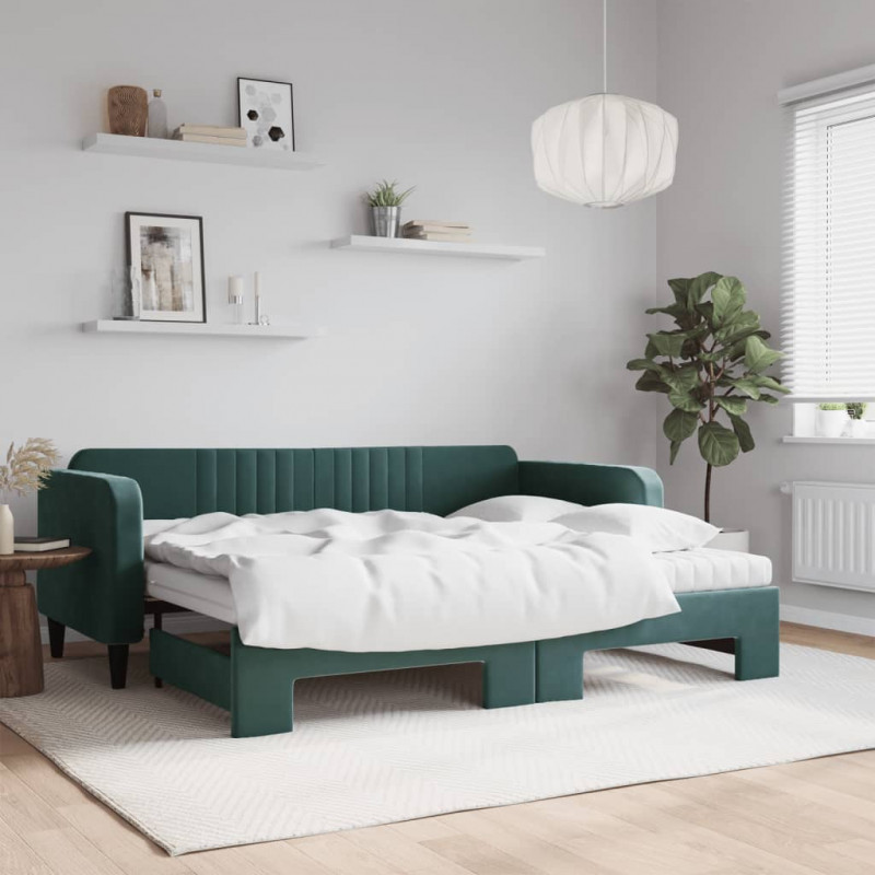Sofa rozsuwana z materacami, ciemnozielona, 90x200 cm, aksamit