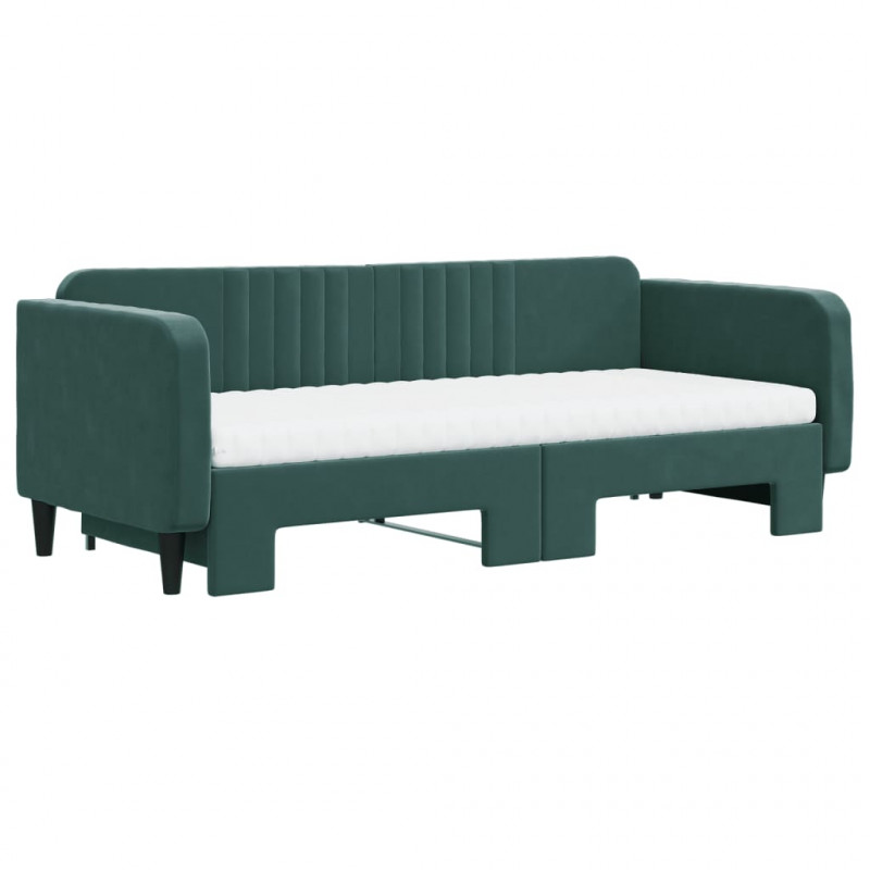 Sofa rozsuwana z materacami, ciemnozielona, 90x200 cm, aksamit