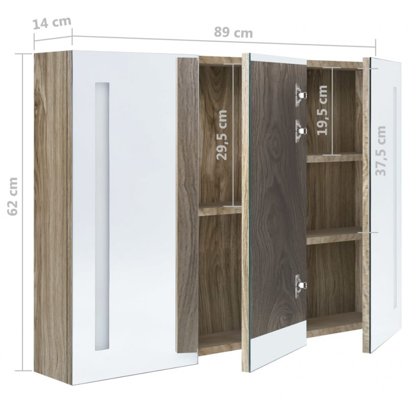 Szafka łazienkowa z lustrem i LED, 89 x 14 x 62 cm, kolor dębu